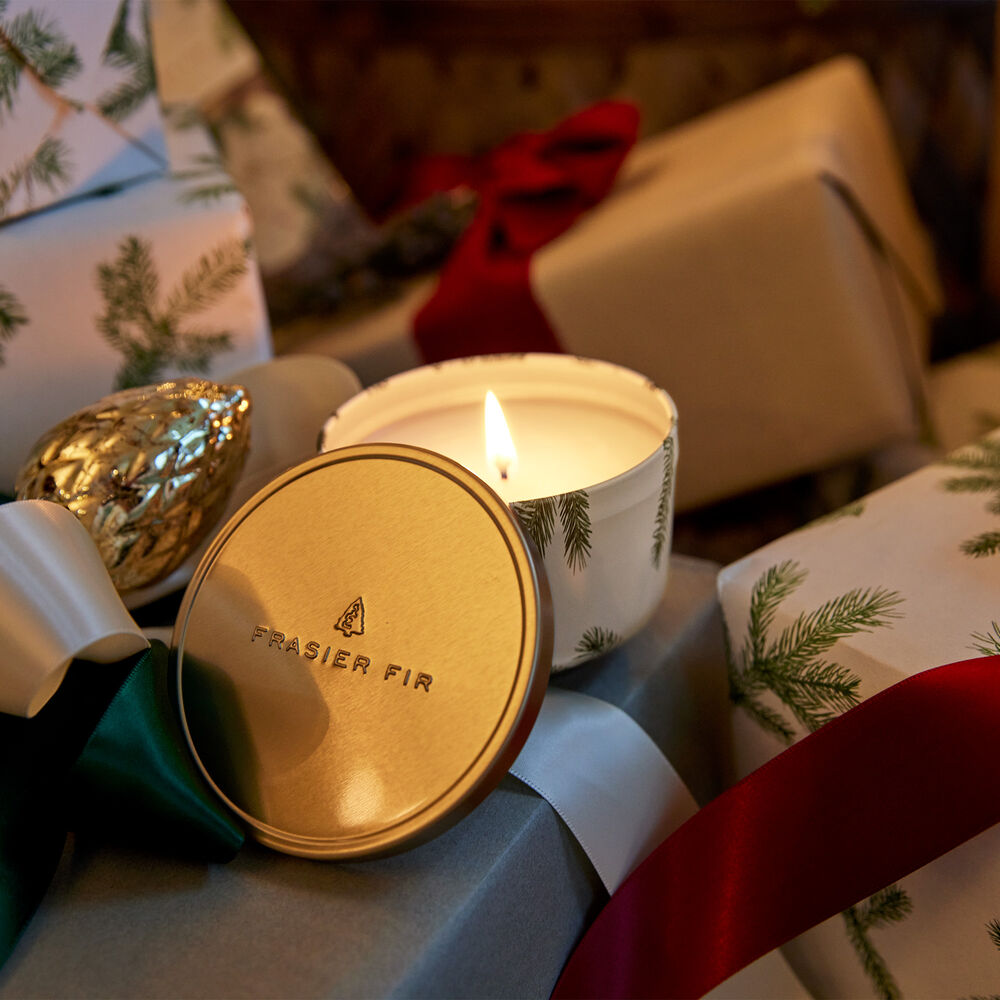 Thymes Frasier Fir Candle Tin with Gold Lid on Wrapped Gifts image number 2